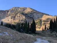 Another view of Mount Baldy. The deep scar in the right third of the photo is the Tombstone area. The scree slope on the left below Baldy is the Ballroom area.