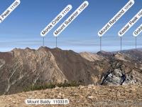 Looking north from Mount Baldy at the Cottonwood ridgeline. Mount Raymond, Kessler Peak, and Gobblers Knob are peaks on the next ridgeline north.