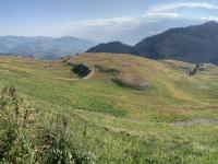 View of Timpanogos Basin. Left to right: Robert's Horn (center), The Shoulder (prominent cliff face), South Timpanogos (barely visible), and Mount Timpanogos (far right).