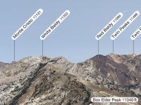 View from Box Elder Peak: Looking north, northeast toward Little Cottonwood Canyon. Sugarloaf and Devil's Castle form the southern wall of Alta Ski Area.