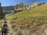 View of Hidden Lakes Basin below The Shoulder (right) and South Timpanogos (right of center) with East Peak (below sun)